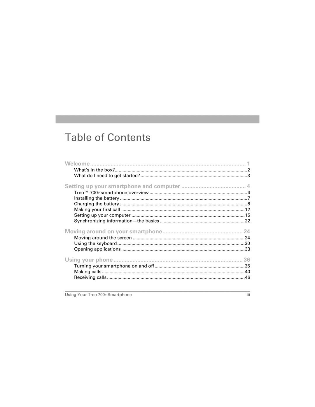 Palm 700P manual Table of Contents 