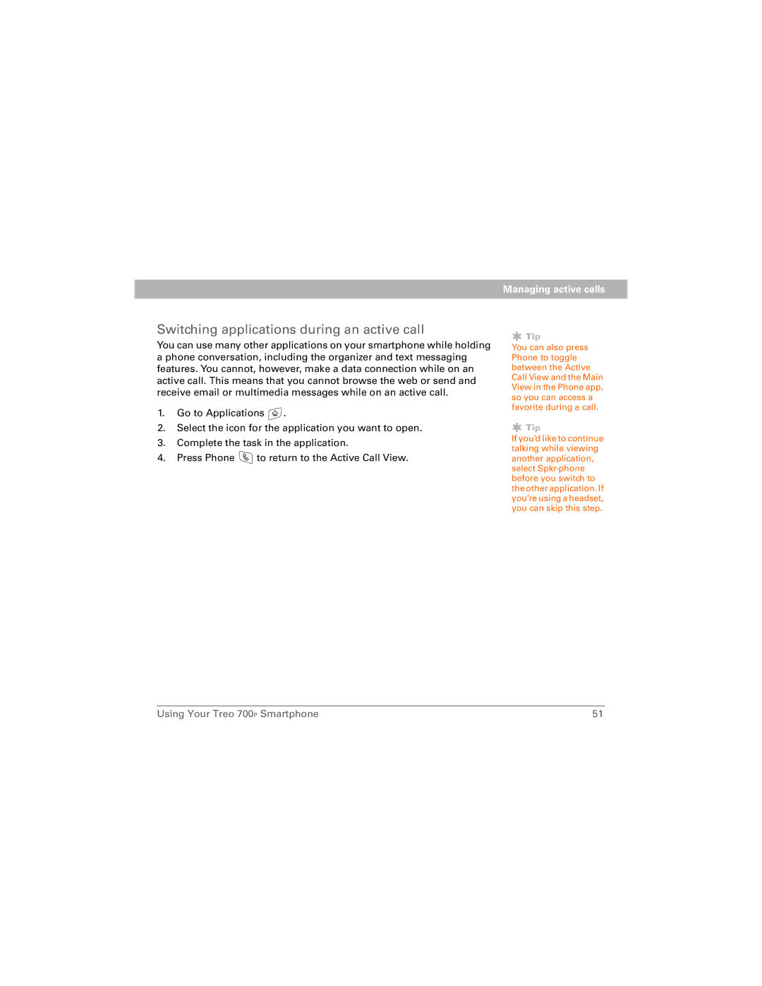 Palm 700P manual Switching applications during an active call 