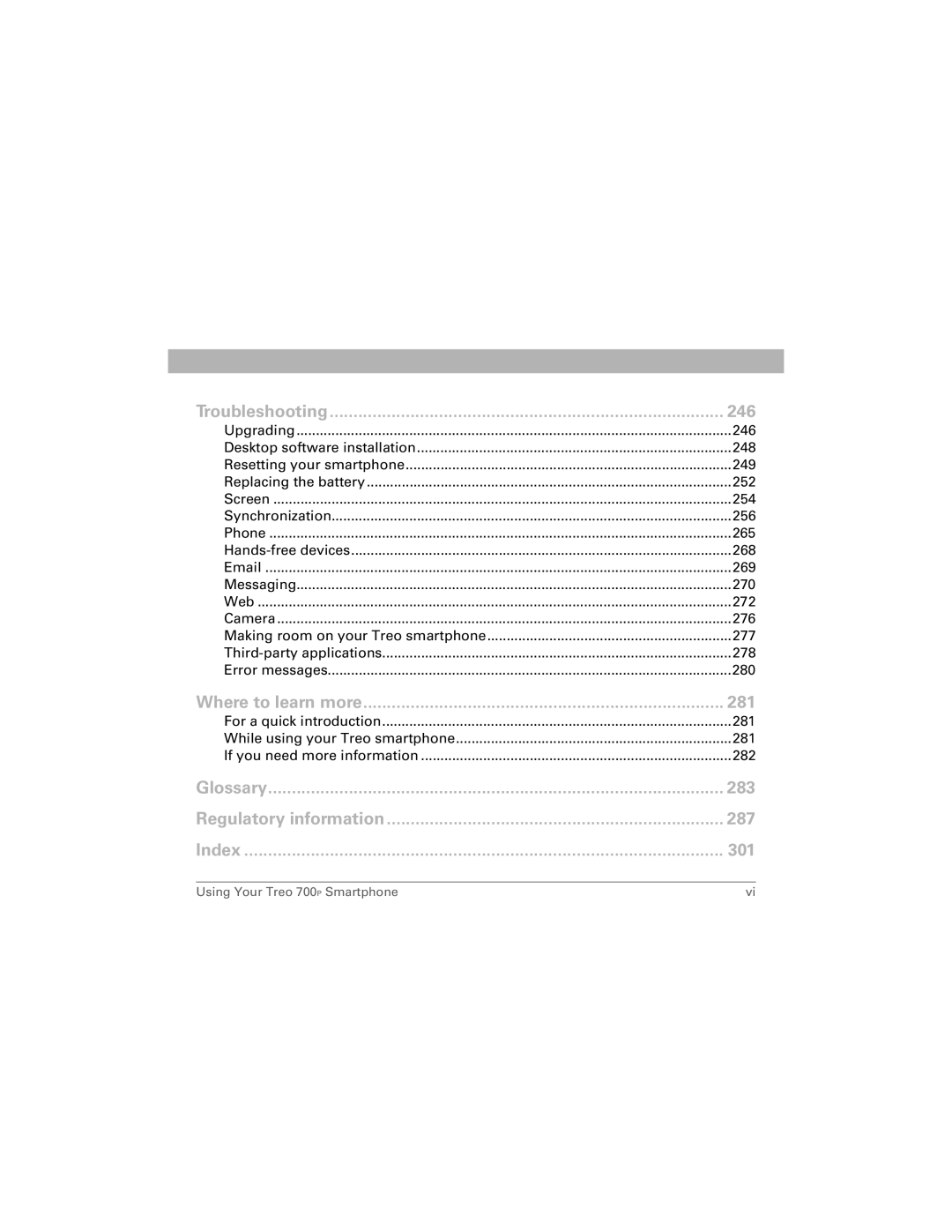 Palm 700P manual Glossary 283 Regulatory information 287 Index 301 