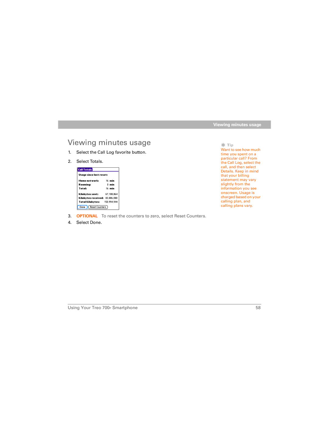 Palm 700P manual Viewing minutes usage 