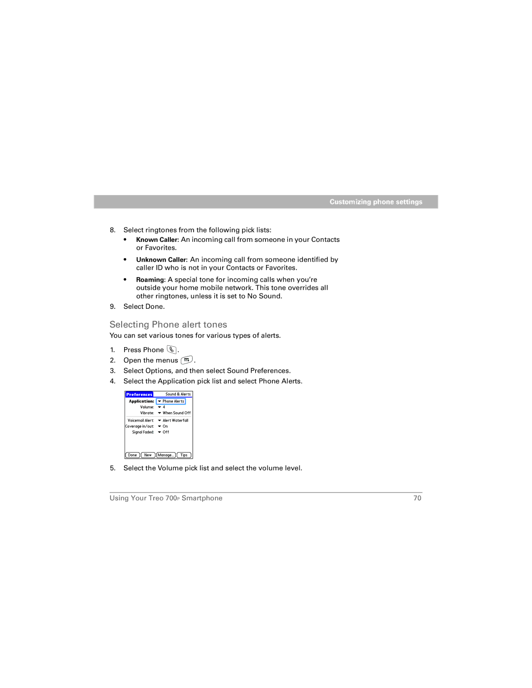 Palm 700P manual Selecting Phone alert tones 