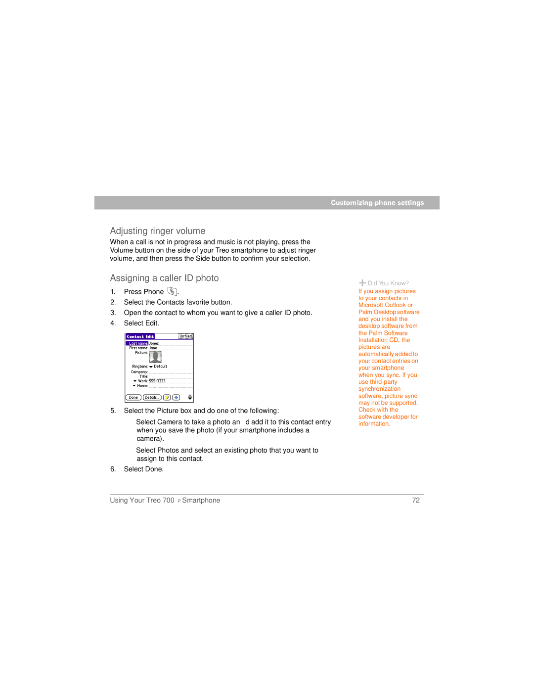 Palm 700P manual Adjusting ringer volume, Assigning a caller ID photo 
