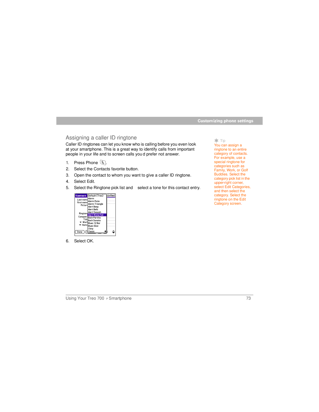 Palm 700P manual Assigning a caller ID ringtone 