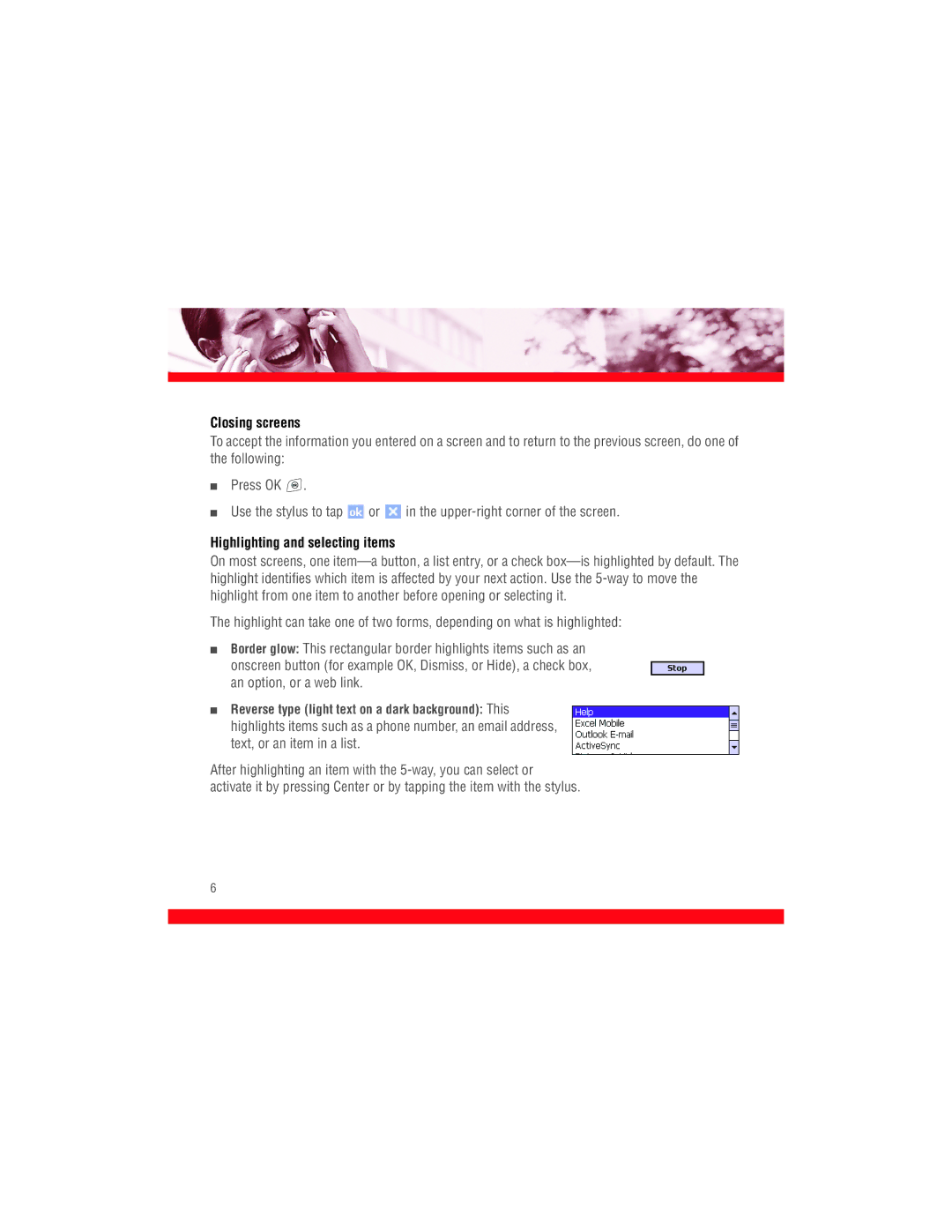 Palm 700w manual Closing screens, Highlighting and selecting items 