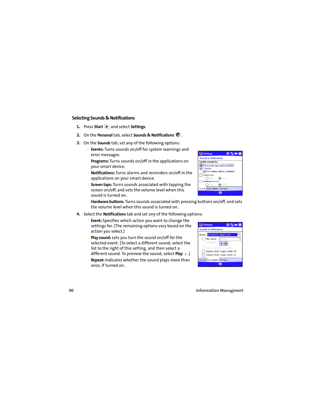 Palm 700wx manual Selecting Sounds & Notifications, On the Personal tab, select Sounds & Notifications 