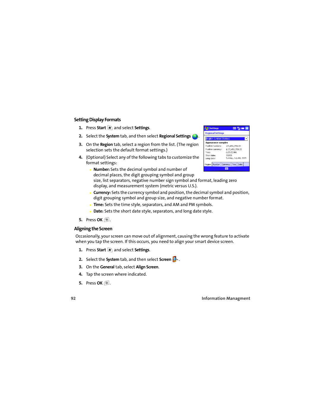 Palm 700wx manual Setting Display Formats, Aligning the Screen 