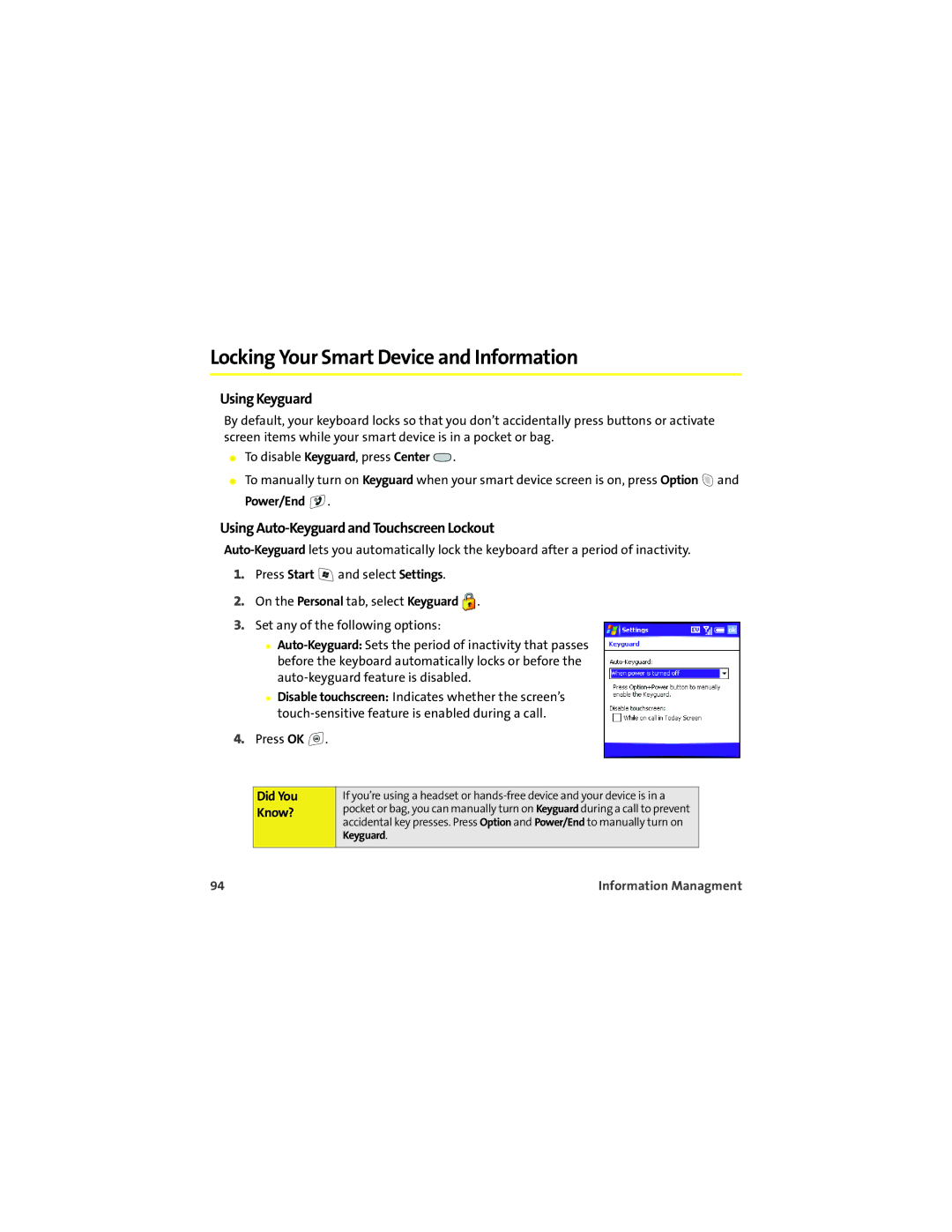 Palm 700wx manual Locking Your Smart Device and Information, Using Keyguard, Using Auto-Keyguard and Touchscreen Lockout 