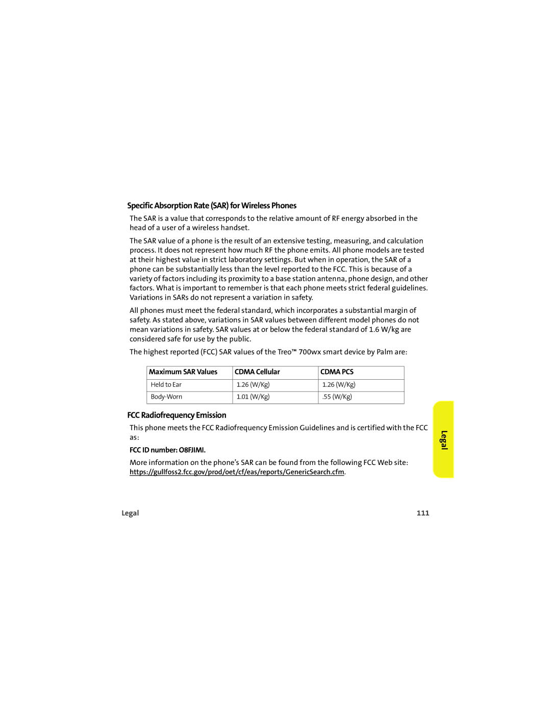 Palm 700wx Specific Absorption Rate SAR for Wireless Phones, FCC Radiofrequency Emission, Maximum SAR Values Cdma Cellular 