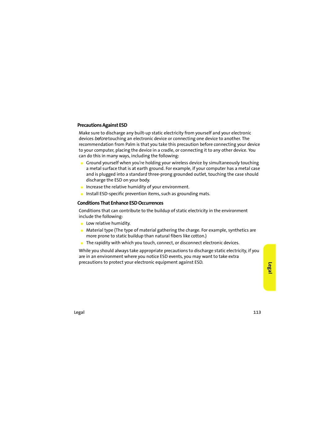 Palm 700wx manual Precautions Against ESD, Conditions That Enhance ESD Occurrences, Legal 113 