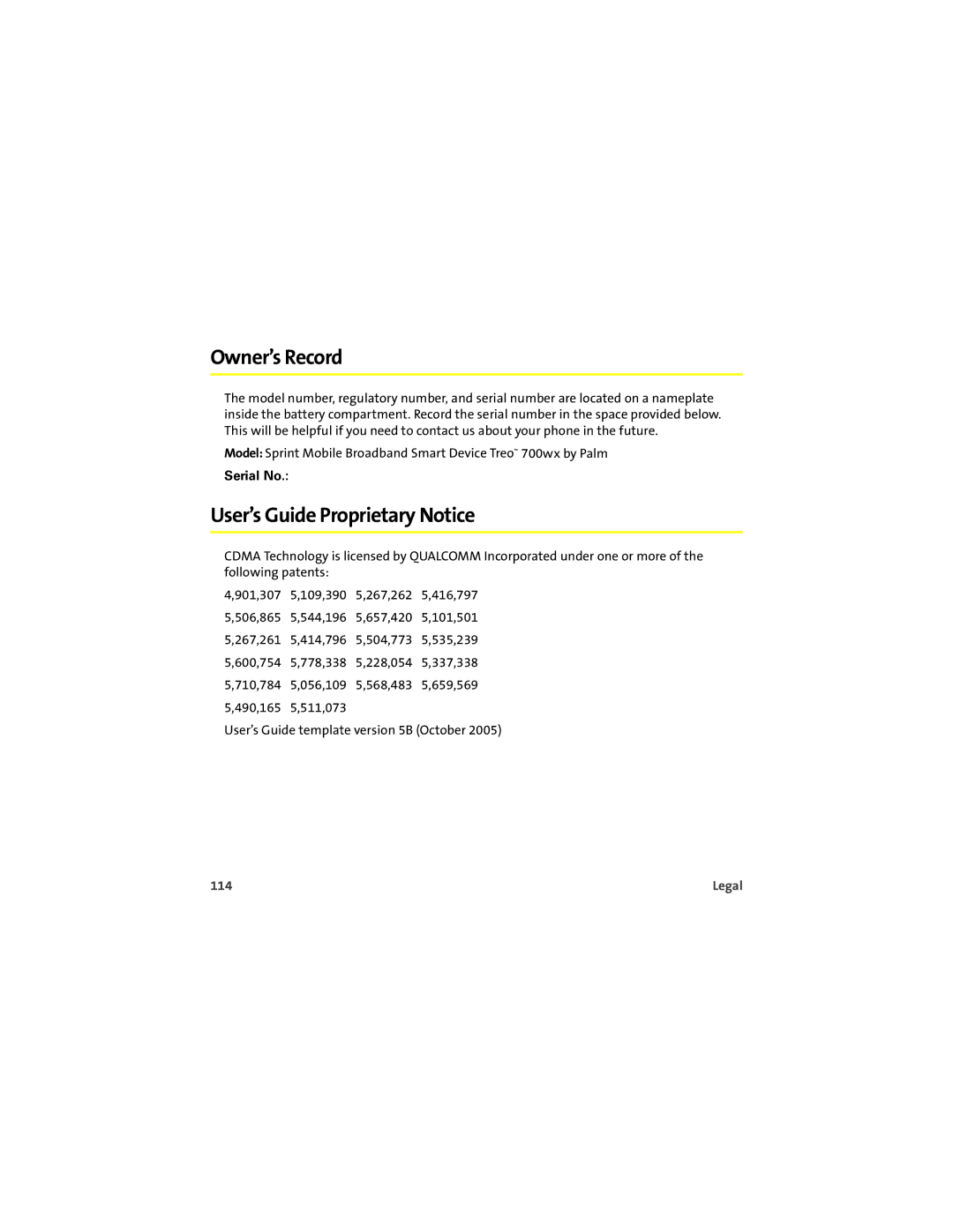 Palm 700wx manual Owner’s Record, User’s Guide Proprietary Notice, Serial No, 114 