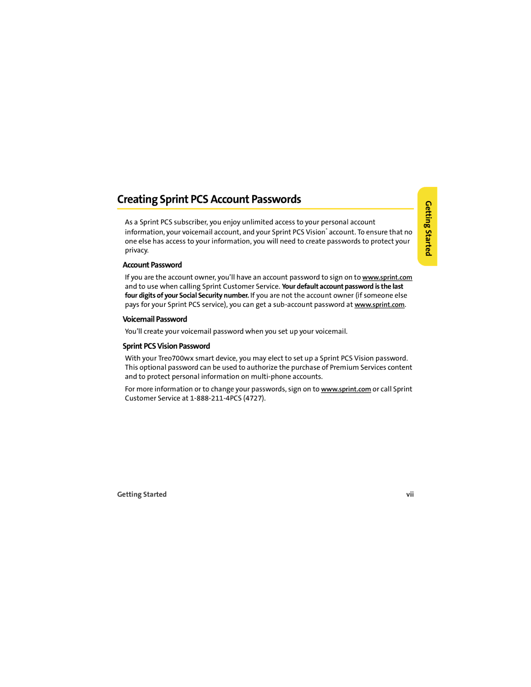 Palm 700wx manual Creating Sprint PCS Account Passwords, Account Password Voicemail Password, Sprint PCS Vision Password 