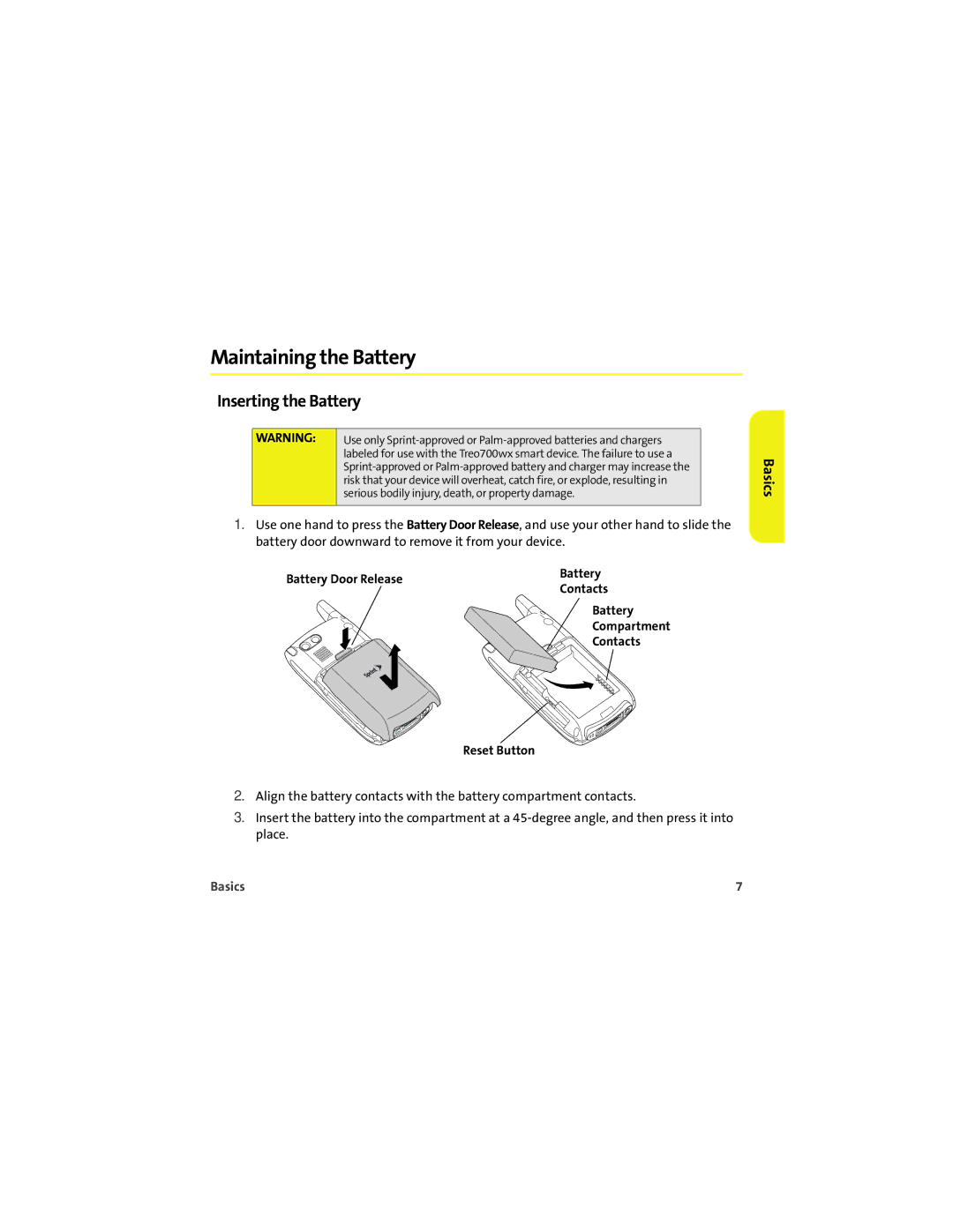 Palm 700wx Maintaining the Battery, Inserting the Battery, Battery Door Release, Battery Compartment Contacts Reset Button 