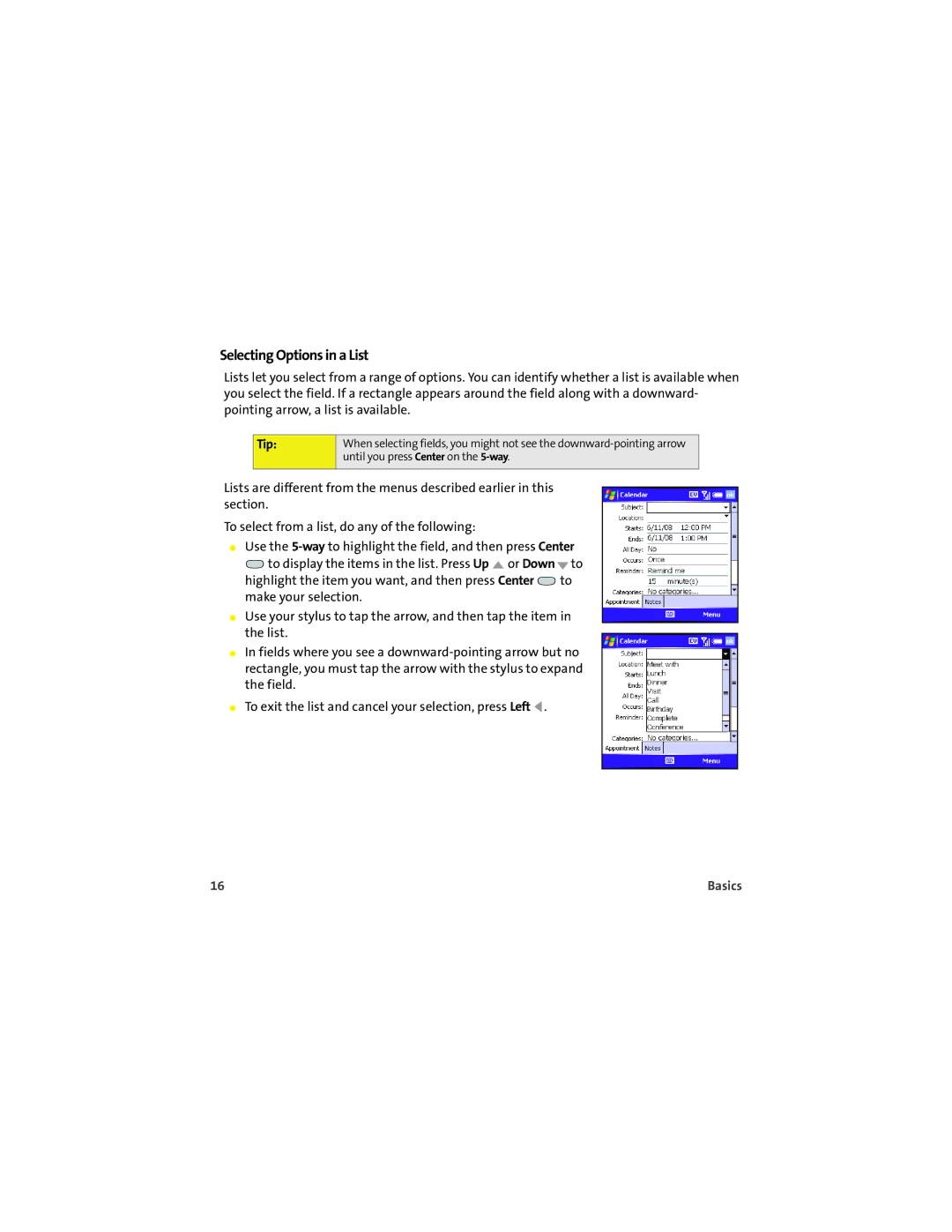 Palm 700wx manual Selecting Options in a List, Tip 