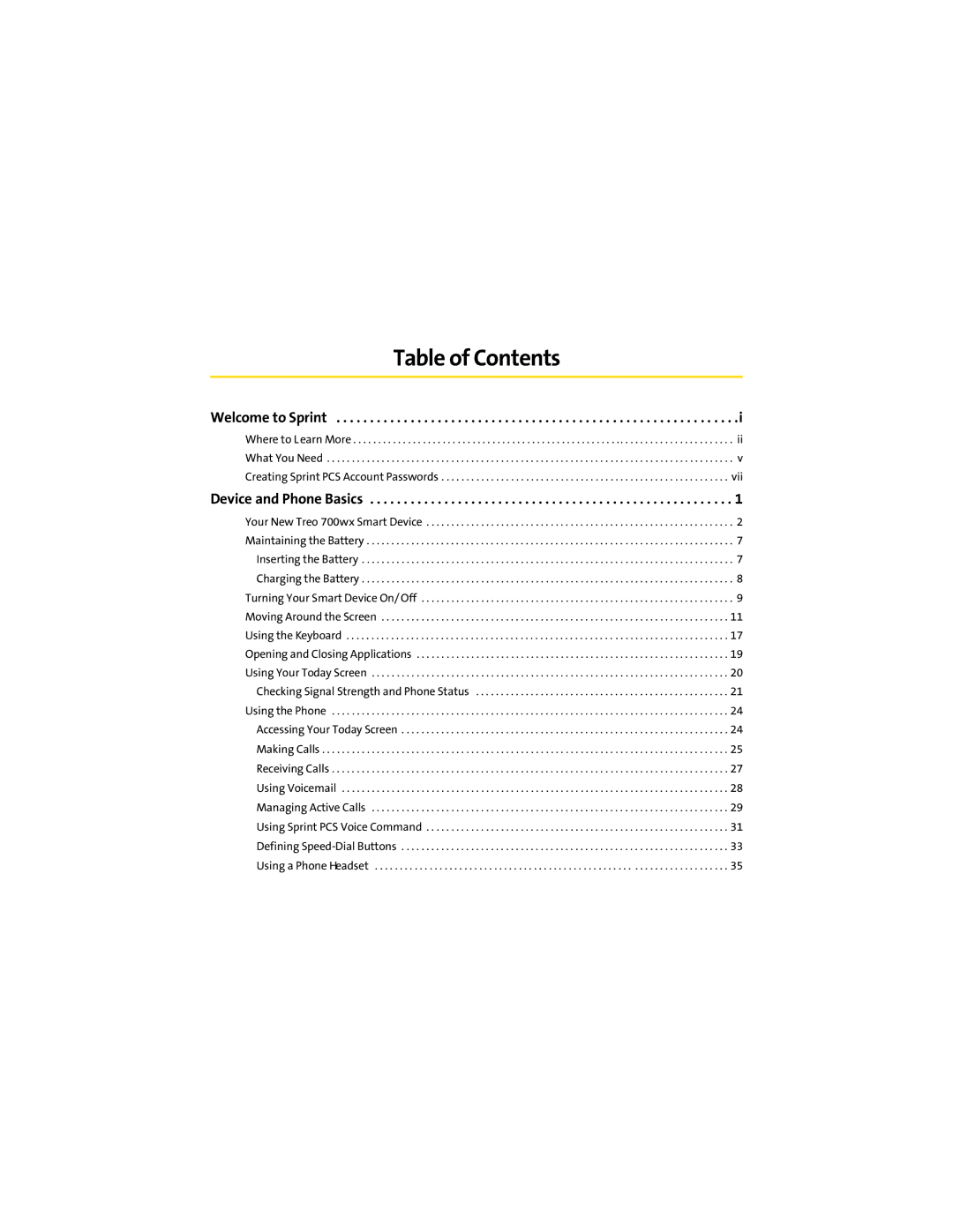 Palm 700wx manual Table of Contents 