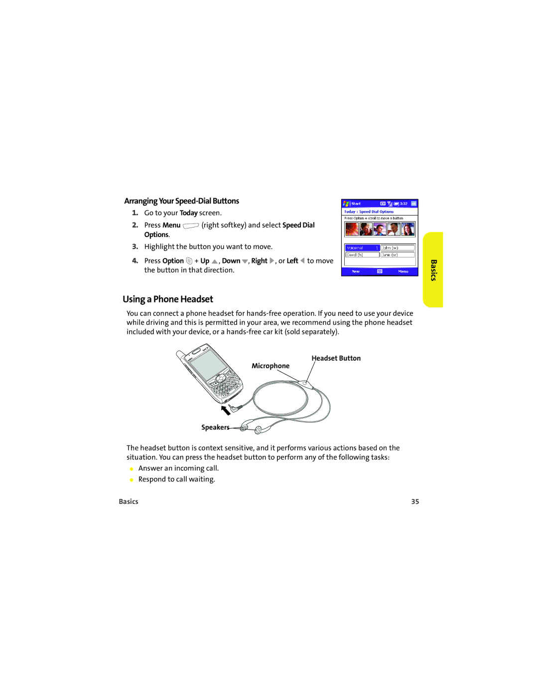 Palm 700wx manual Using a Phone Headset, Arranging Your Speed-Dial Buttons, Headset Button Microphone Speakers 