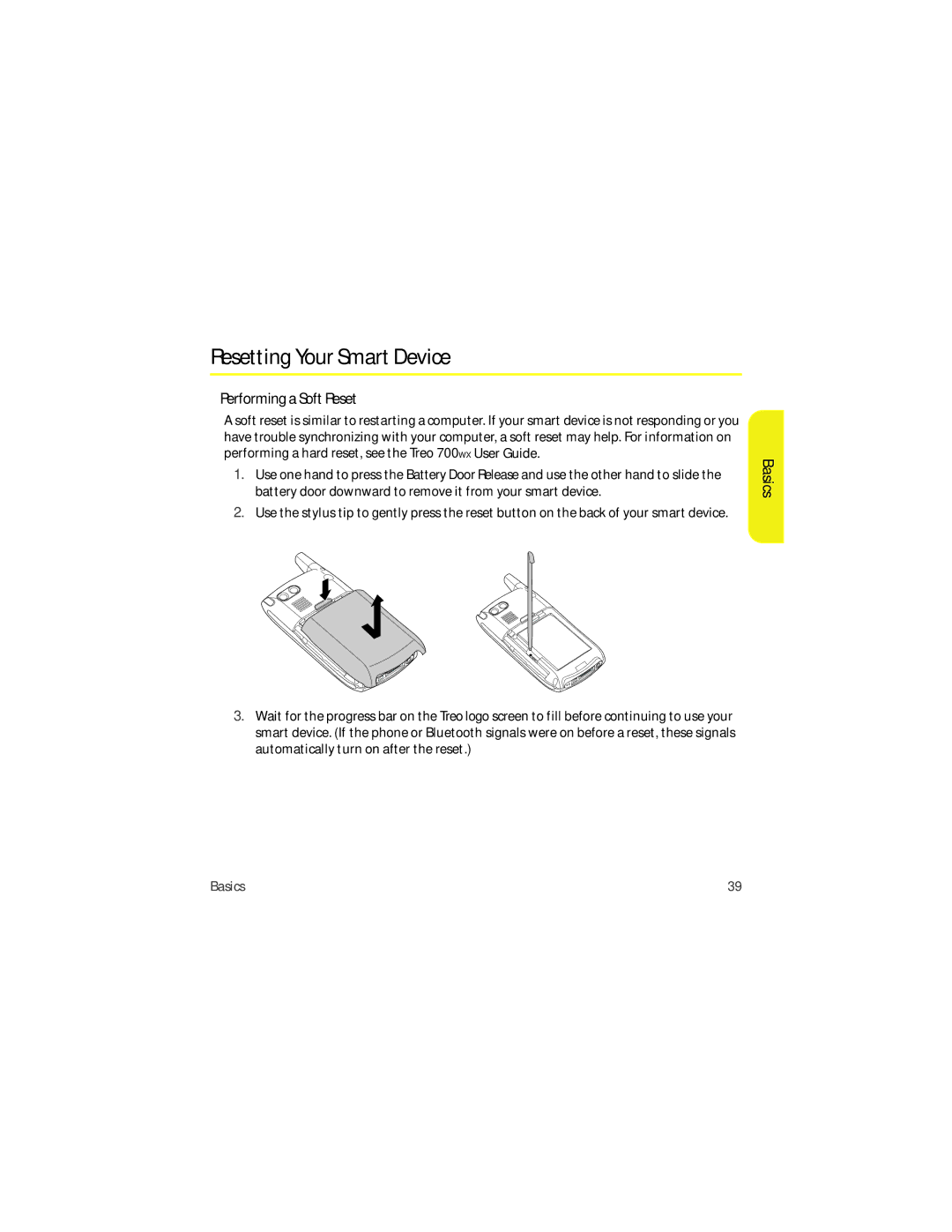 Palm 700wx manual Resetting Your Smart Device, Performing a Soft Reset 