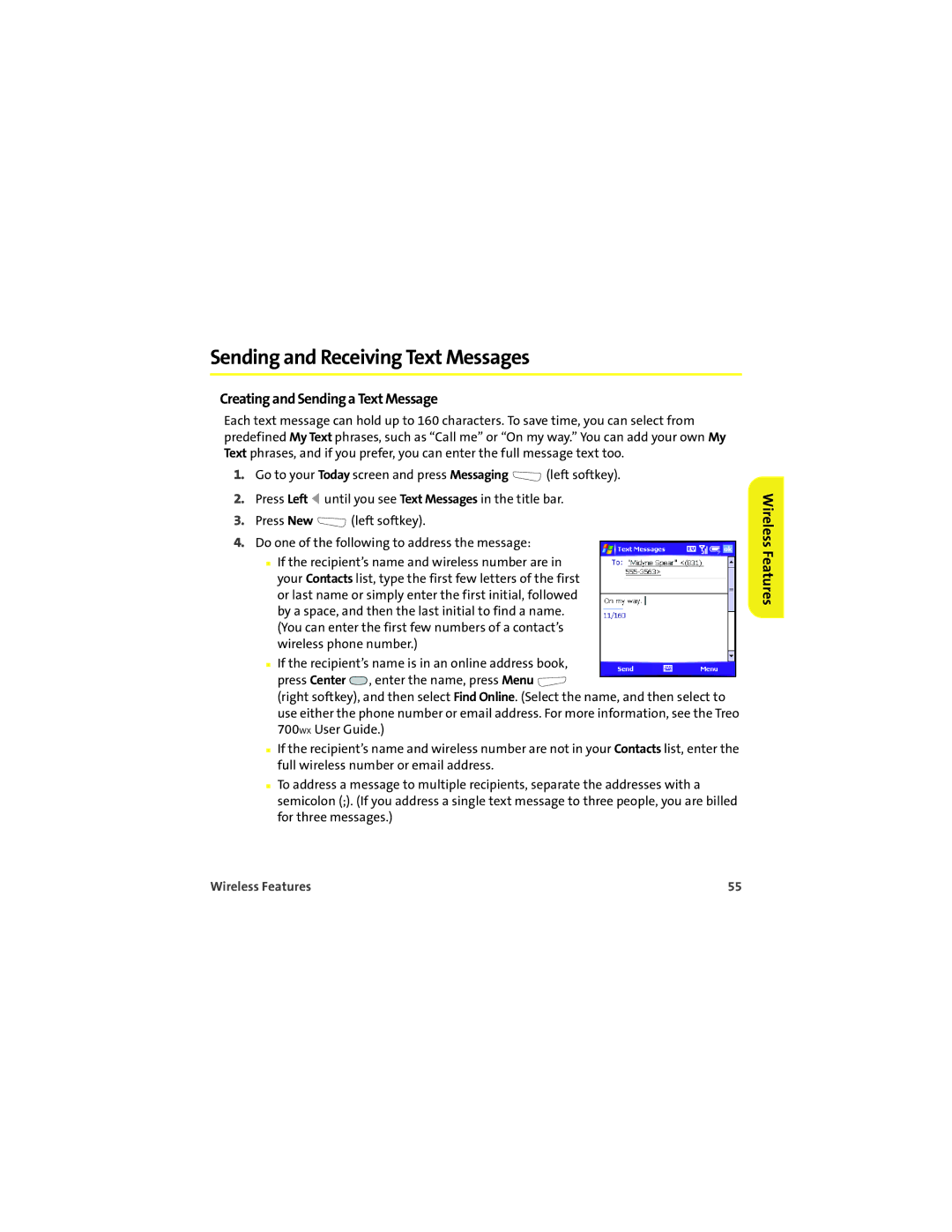 Palm 700wx manual Sending and Receiving Text Messages, Creating and Sending a Text Message 