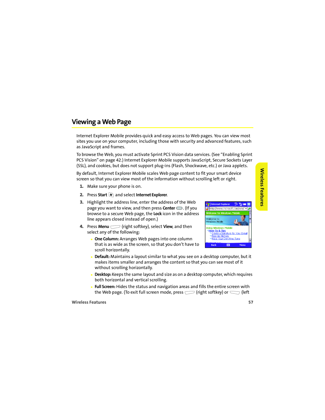 Palm 700wx manual Viewing a Web, Press Start and select Internet Explorer 