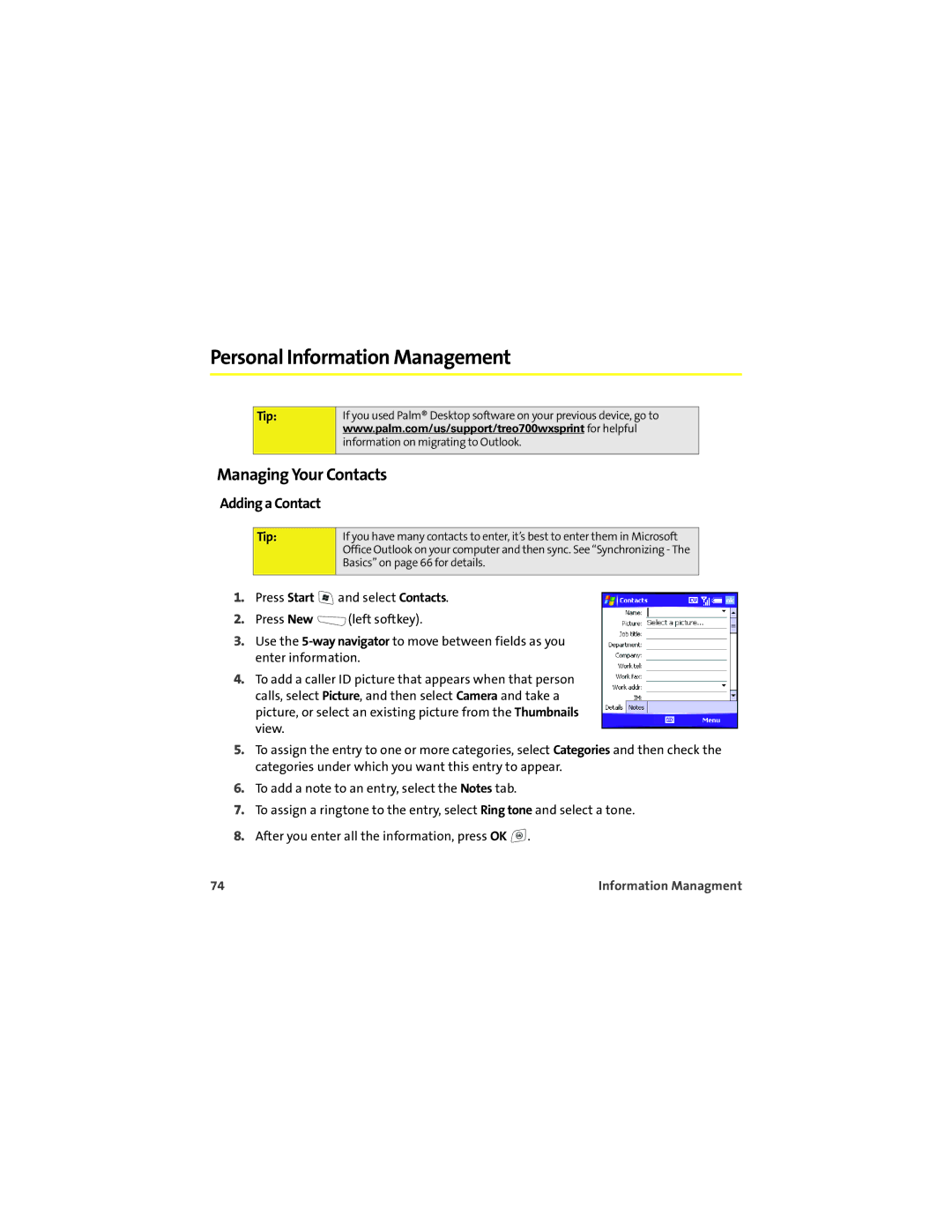 Palm 700wx manual Personal Information Management, Managing Your Contacts, Adding a Contact 