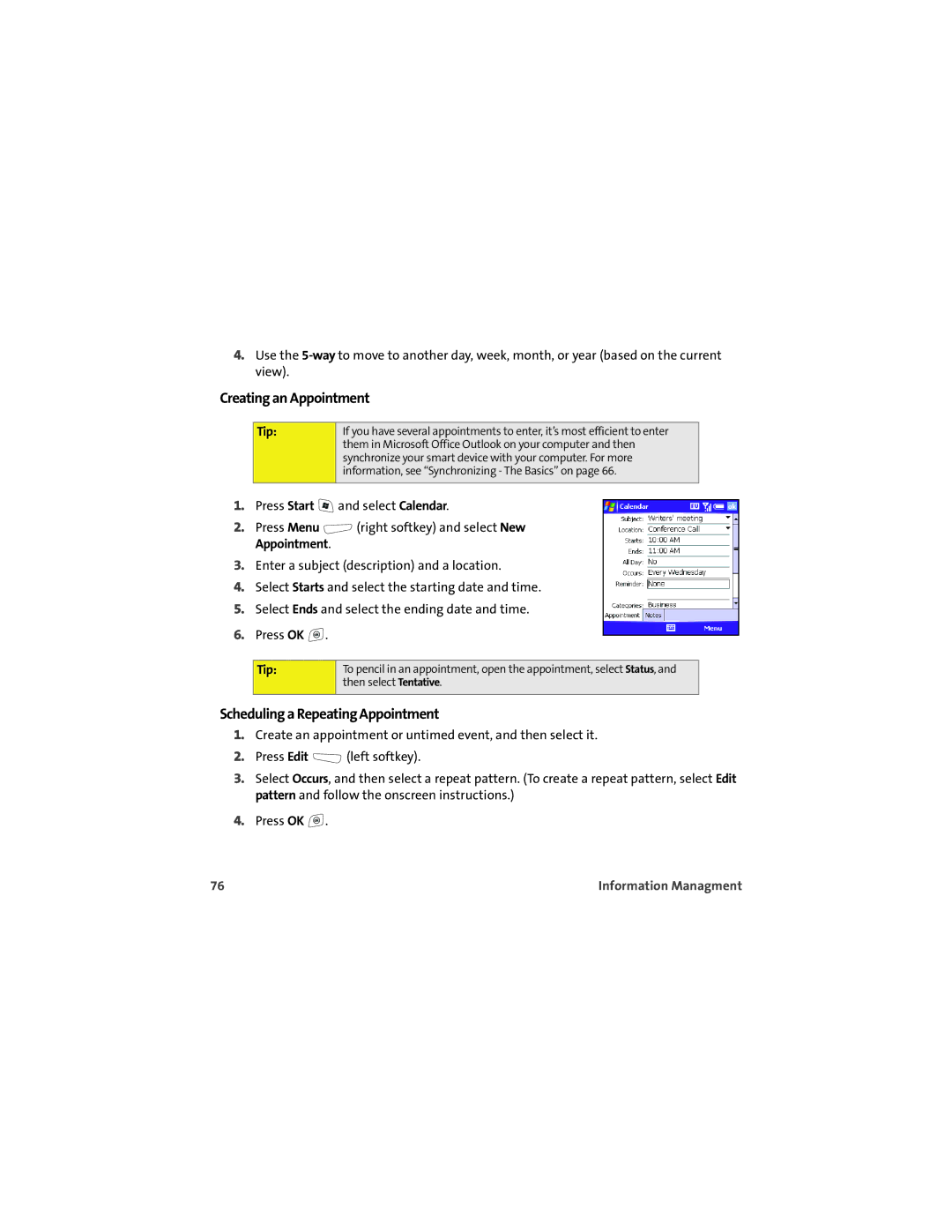 Palm 700wx manual Creating an Appointment, Scheduling a Repeating Appointment 