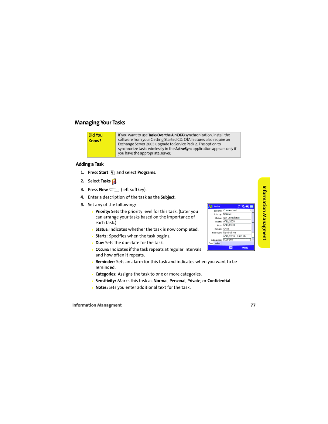 Palm 700wx manual Managing Your Tasks, Adding a Task 