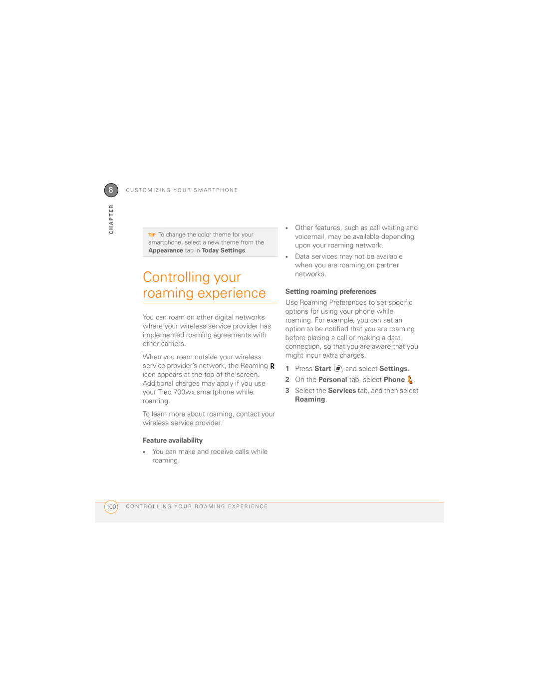 Palm 700wx manual Controlling your roaming experience, Feature availability, Setting roaming preferences 