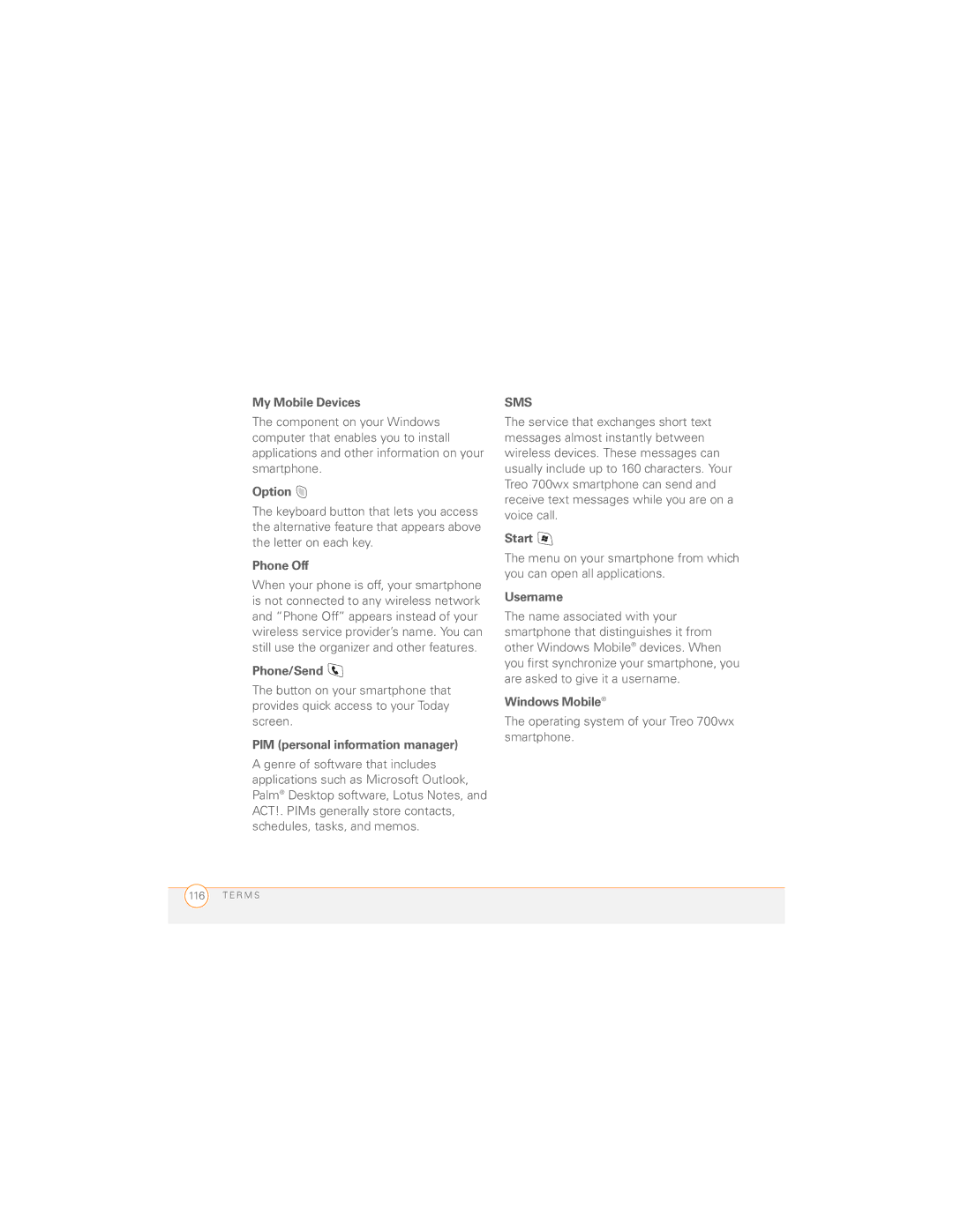 Palm 700wx manual My Mobile Devices, Option, Phone Off, Phone/Send, PIM personal information manager, Start, Username 