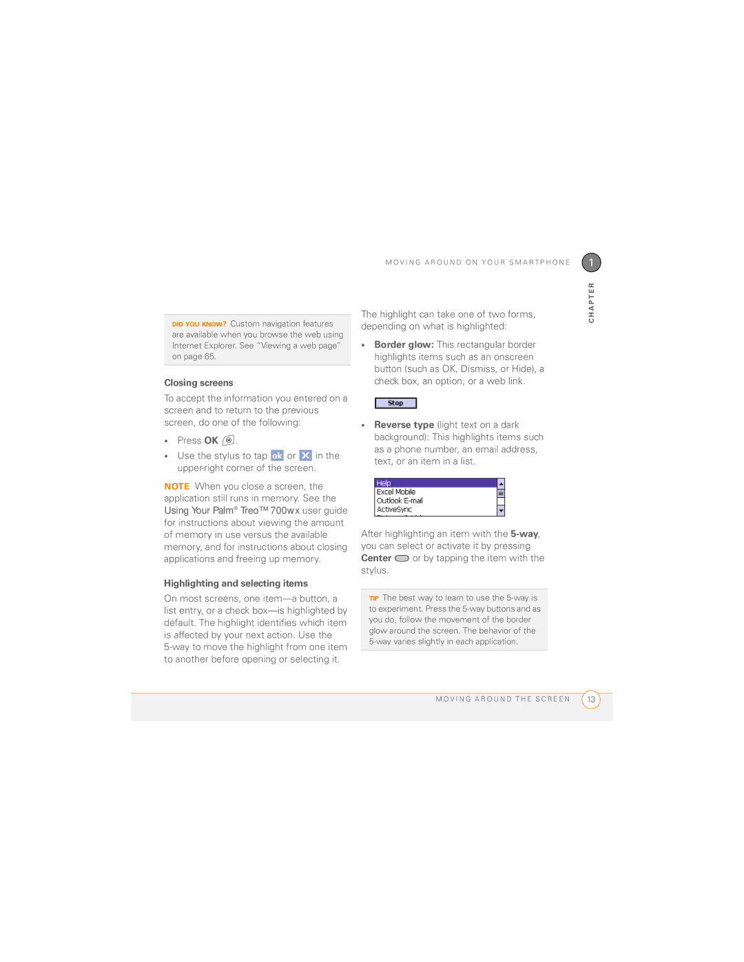 Palm 700wx manual Closing screens, Highlighting and selecting items 
