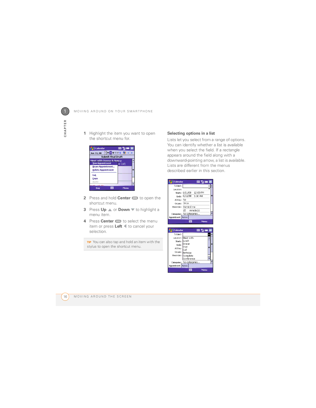 Palm 700wx manual Selecting options in a list 