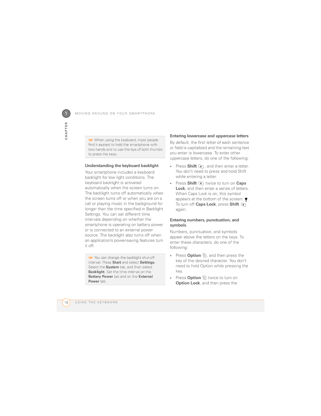 Palm 700wx manual Understanding the keyboard backlight, Entering lowercase and uppercase letters 