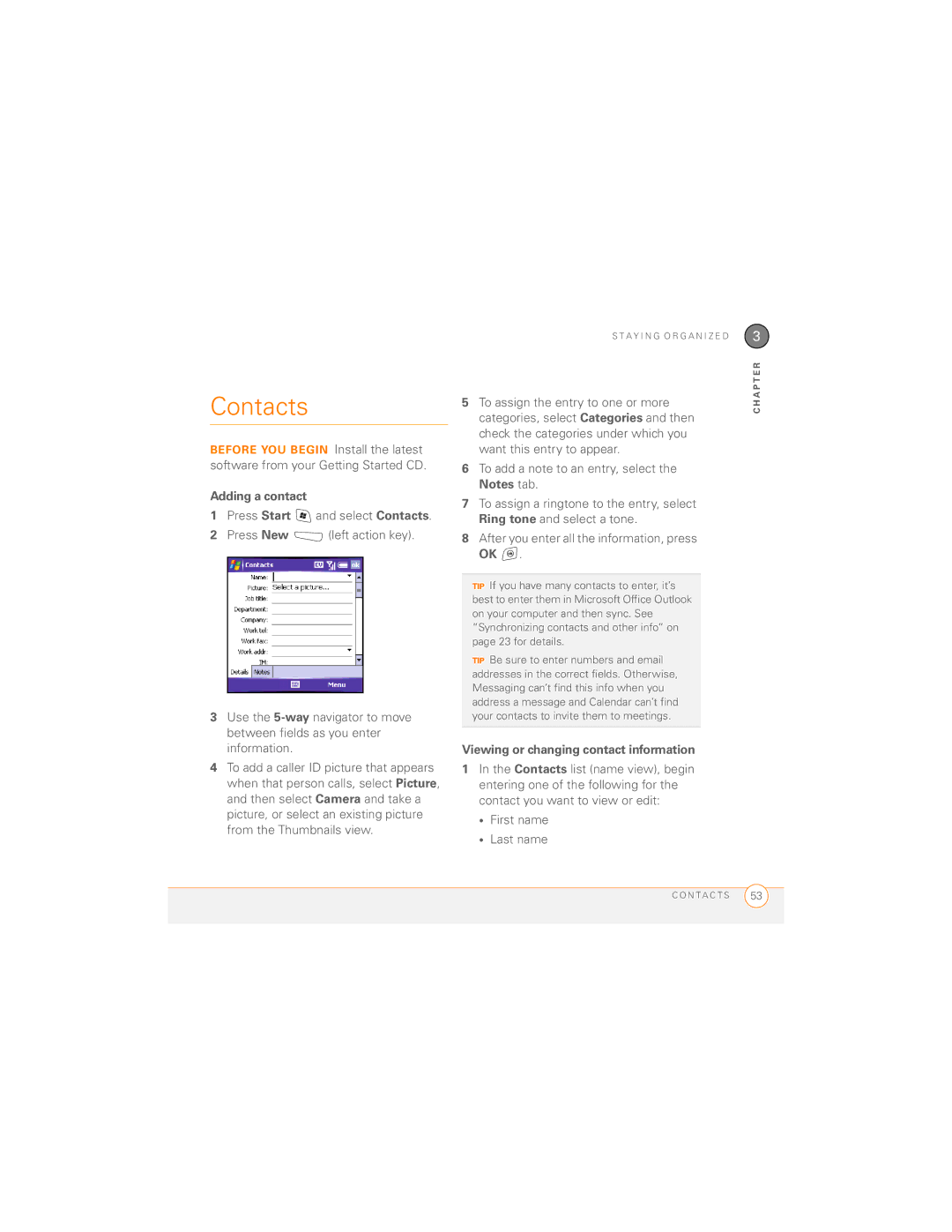 Palm 700wx manual Contacts, Adding a contact, Viewing or changing contact information 