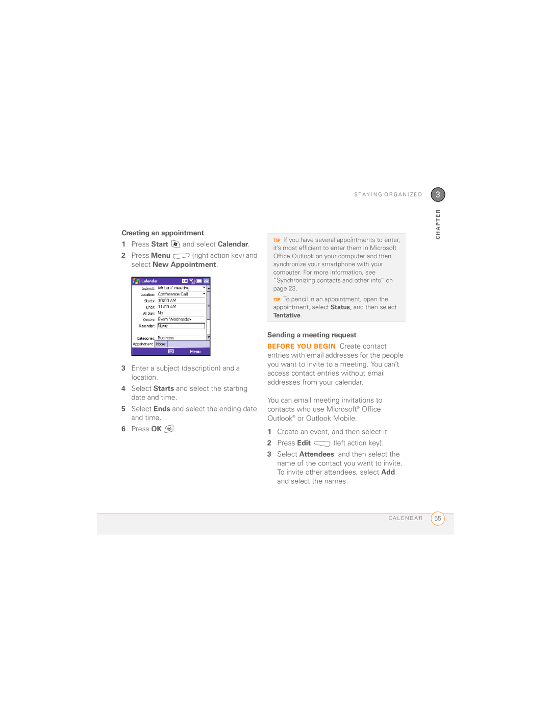 Palm 700wx manual Creating an appointment, Sending a meeting request 