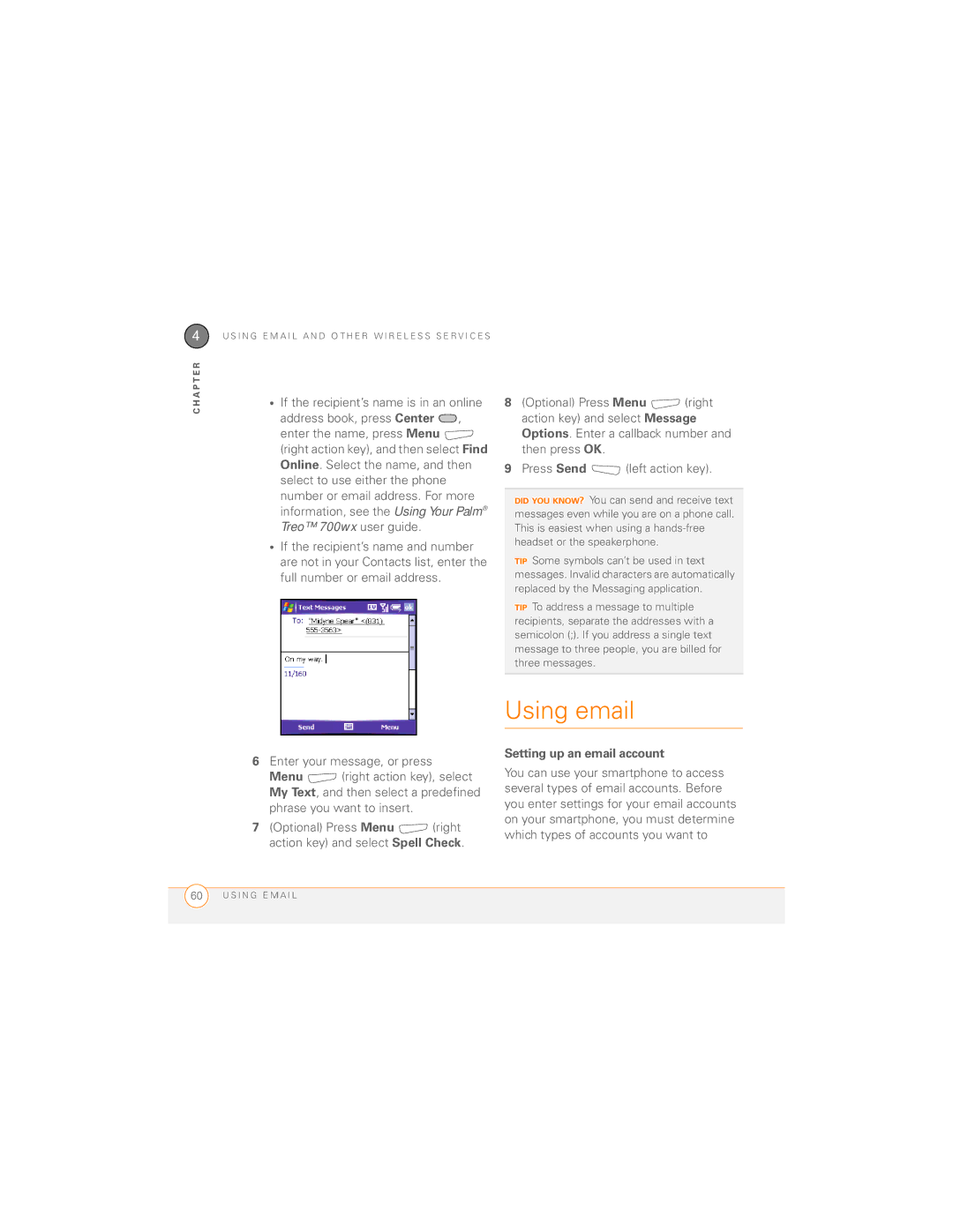 Palm 700wx manual Using email, Enter your message, or press, Setting up an email account 