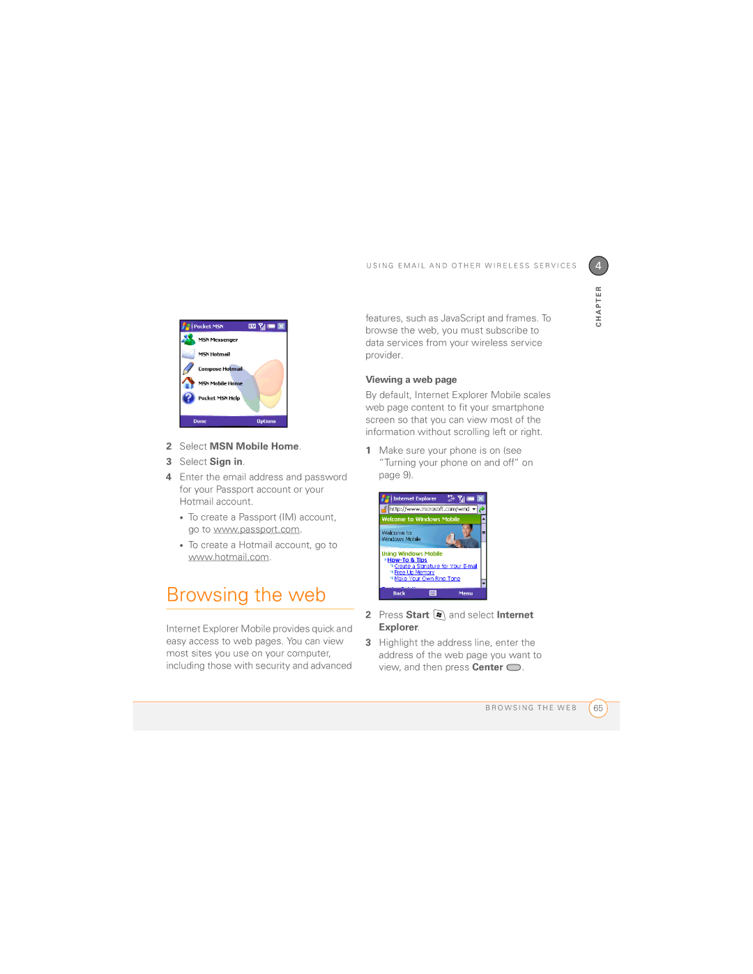 Palm 700wx manual Browsing the web, Select MSN Mobile Home, Viewing a web 