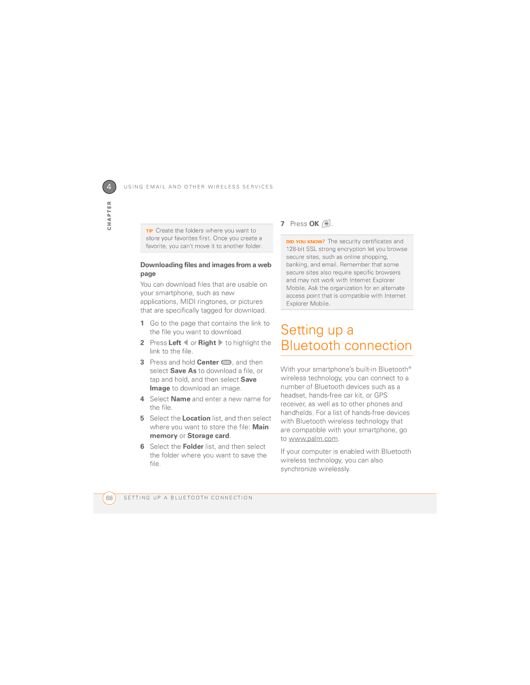 Palm 700wx manual Setting up a Bluetooth connection, Downloading files and images from a web 