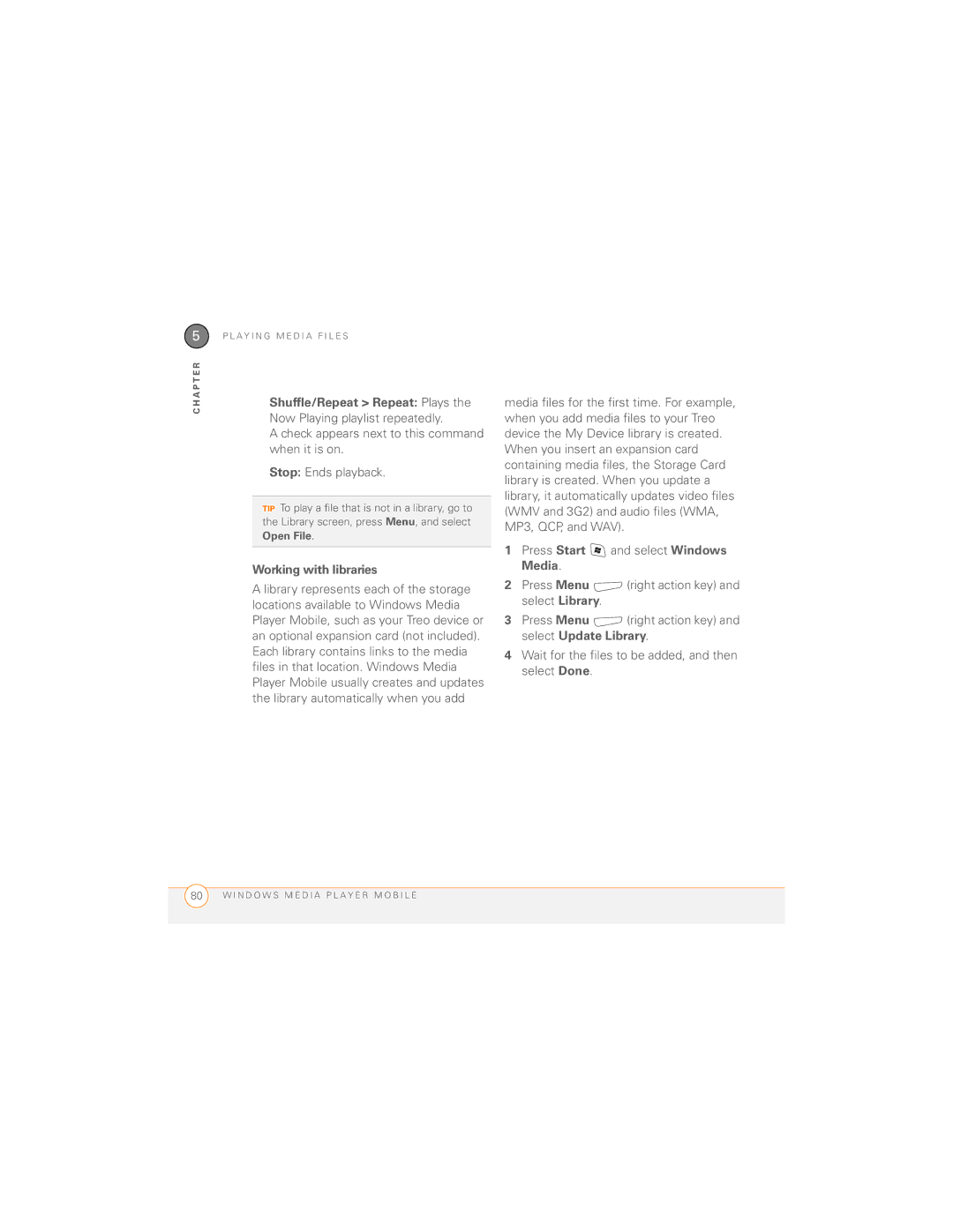 Palm 700wx manual Shuffle/Repeat Repeat Plays, Working with libraries 