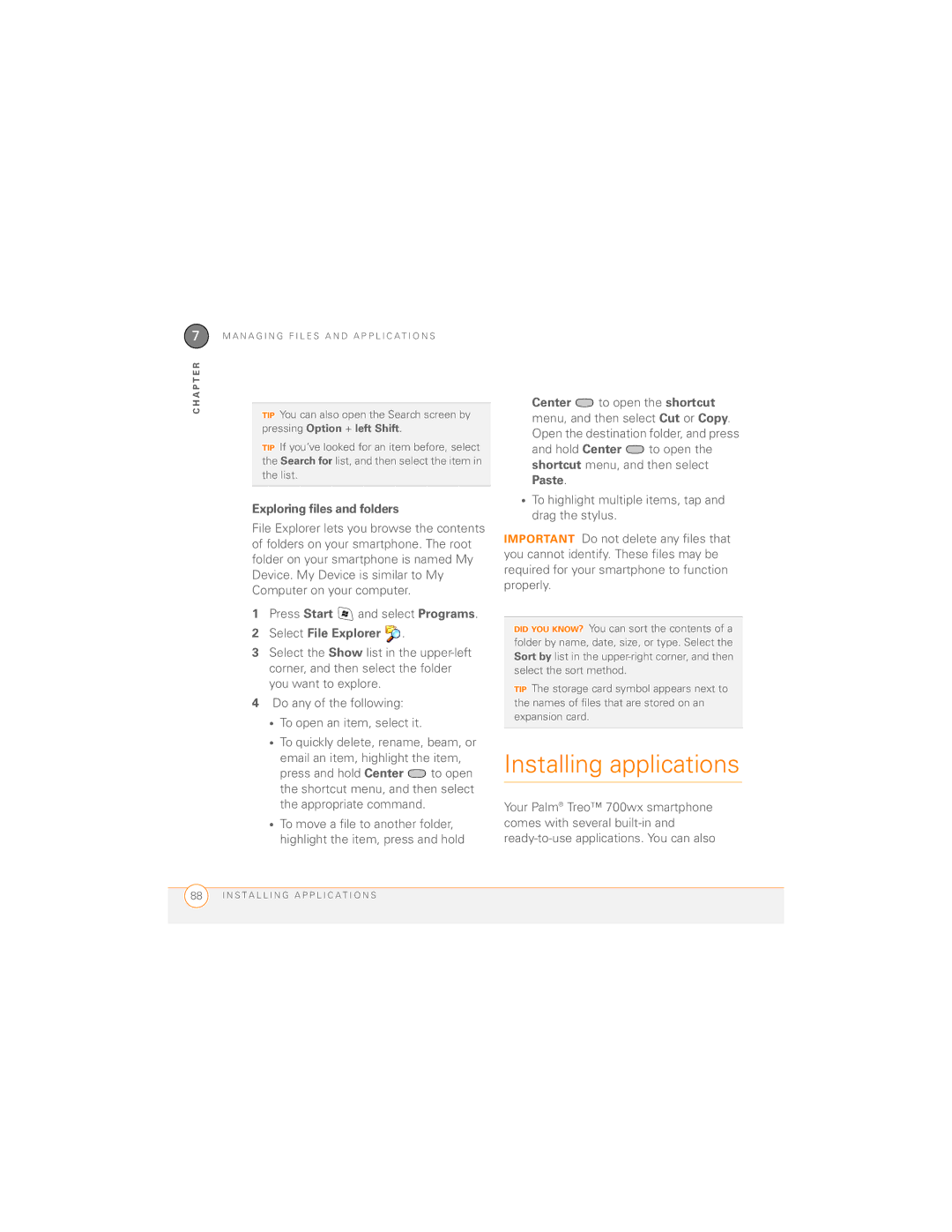 Palm 700wx manual Installing applications, Exploring files and folders, Select File Explorer, Paste 