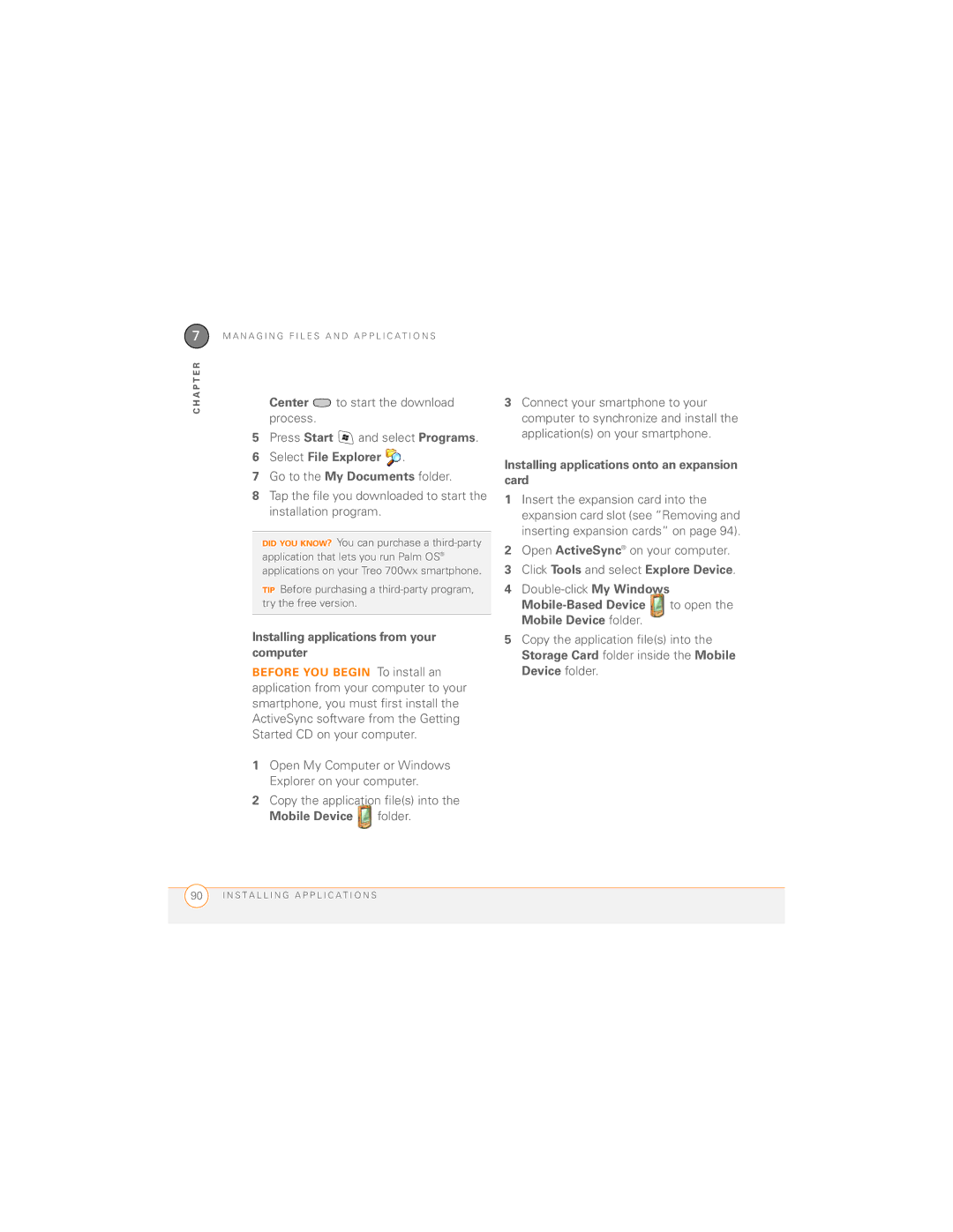 Palm 700wx manual Installing applications from your computer, Installing applications onto an expansion card 