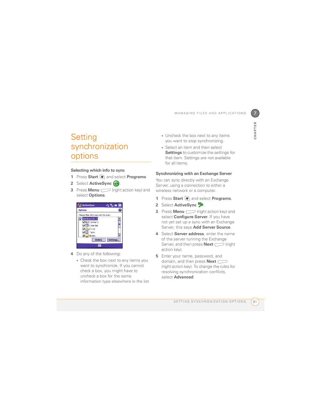 Palm 700wx manual Setting synchronization options, Selecting which info to sync, Synchronizing with an Exchange Server 