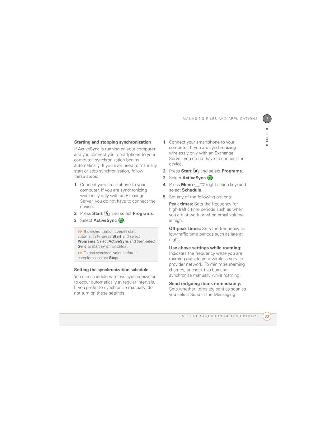 Palm 700wx manual Starting and stopping synchronization, Setting the synchronization schedule 