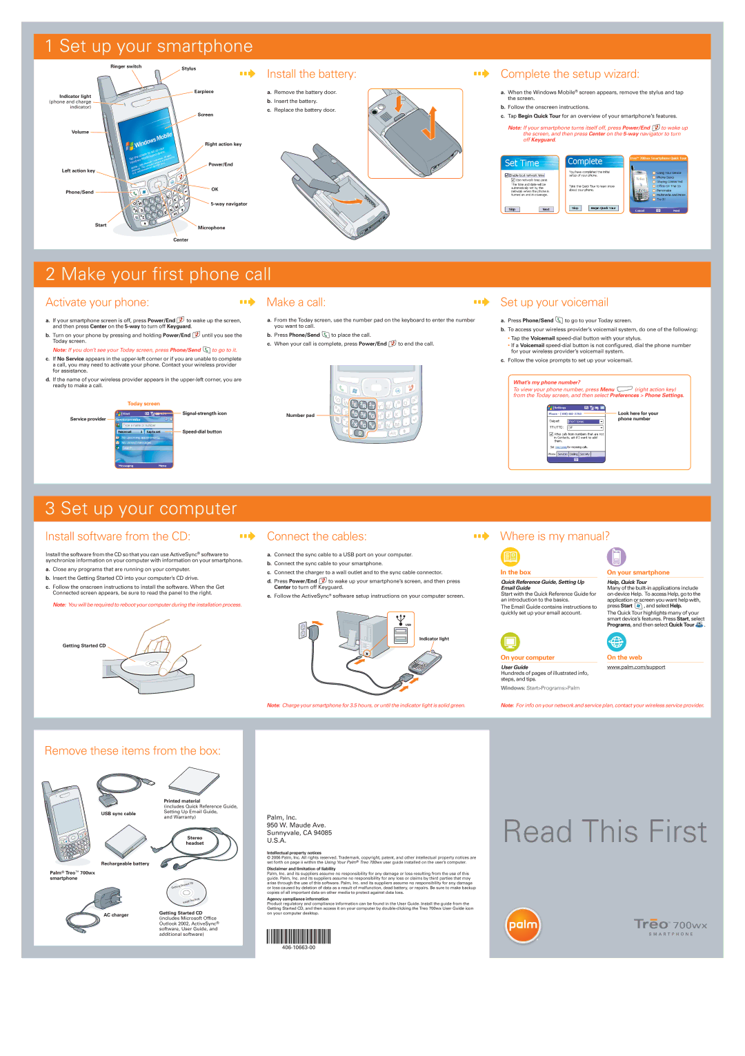 Palm 700wx warranty Set up your smartphone, Make your first phone call, Set up your computer 