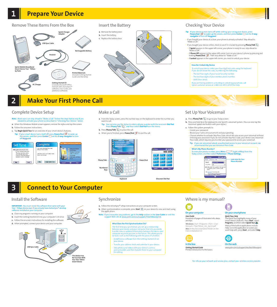 Palm 700WX700WX warranty Remove These Items From the Box, Checking Your Device, Complete Device Setup, Make a Call 