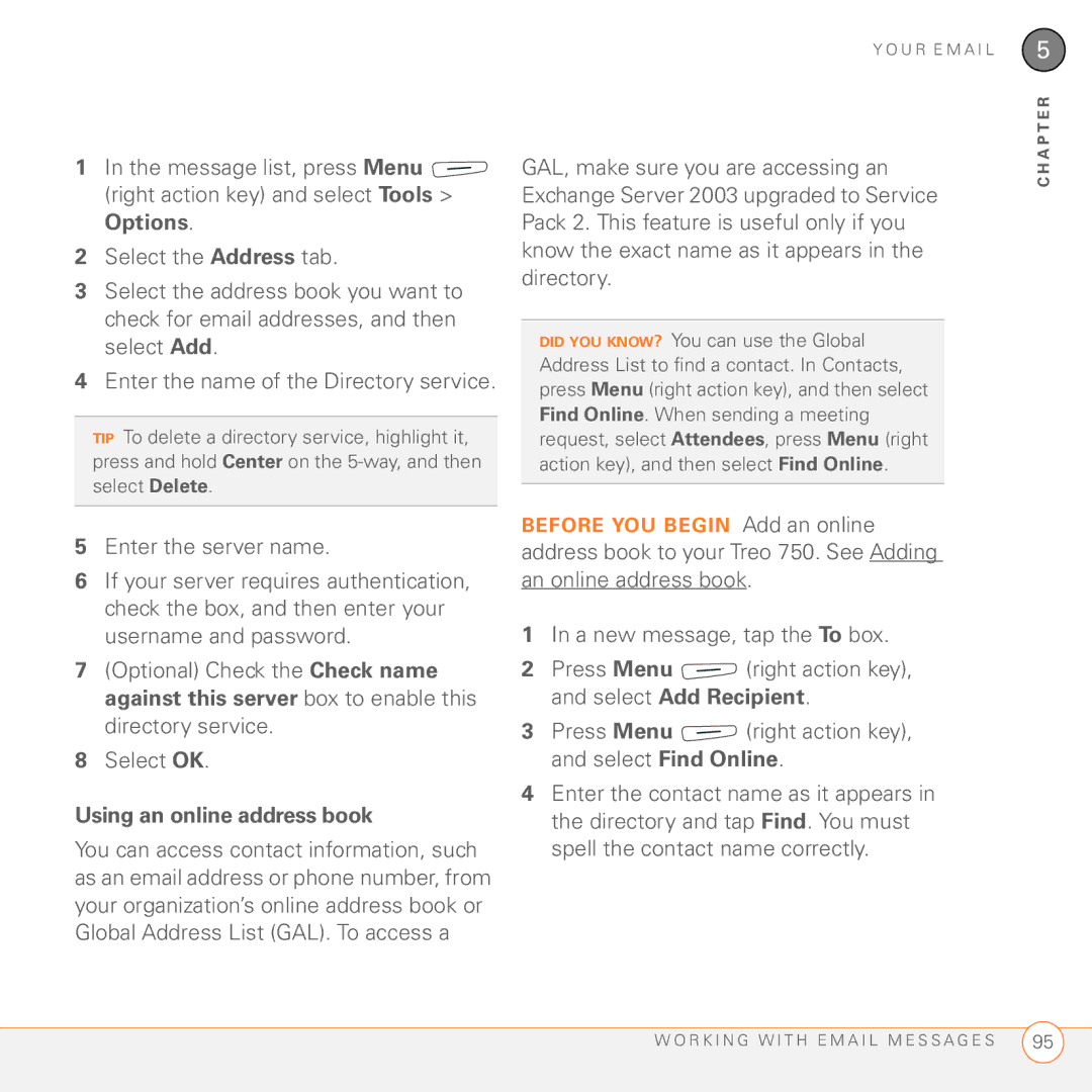 Palm 750 manual Enter the server name, Using an online address book 