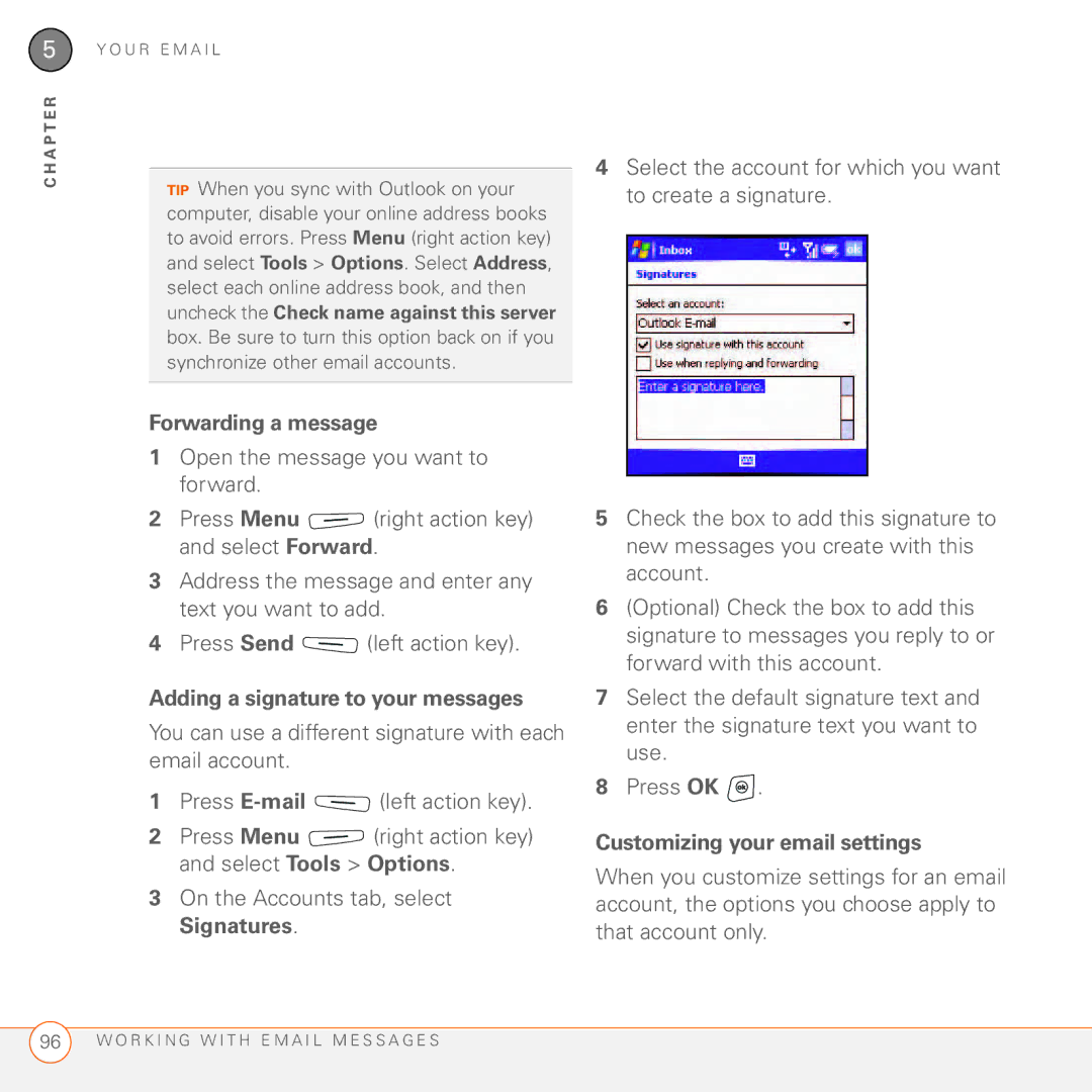 Palm 750 manual Forwarding a message, Adding a signature to your messages, Customizing your email settings 