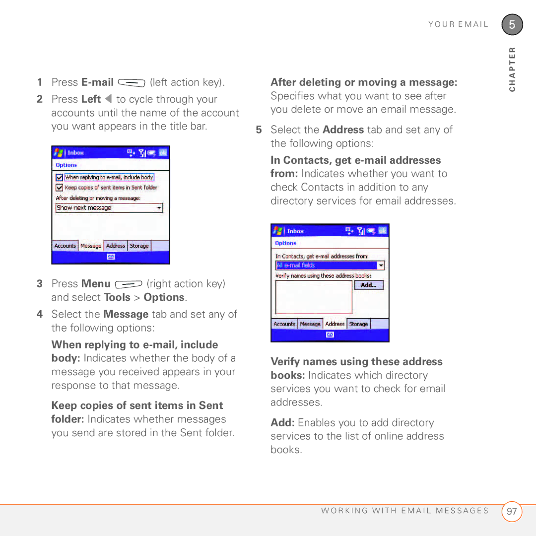 Palm 750 manual After deleting or moving a message, Verify names using these address 