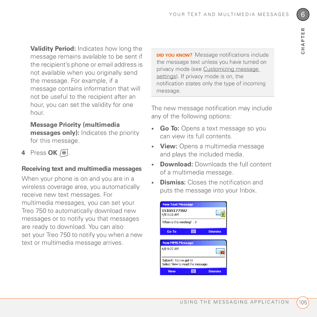 Palm 750 manual Receiving text and multimedia messages 