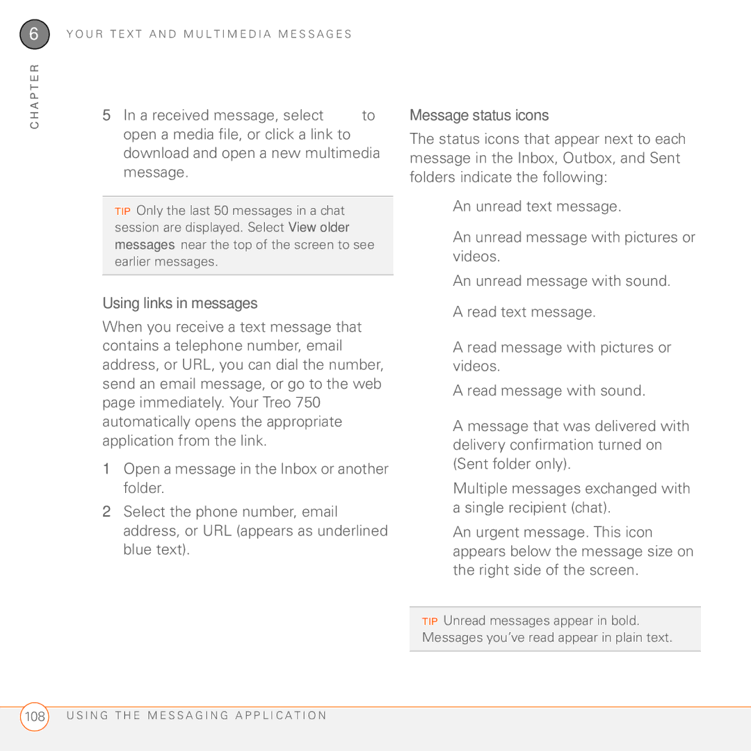 Palm 750 manual Using links in messages, Message status icons 