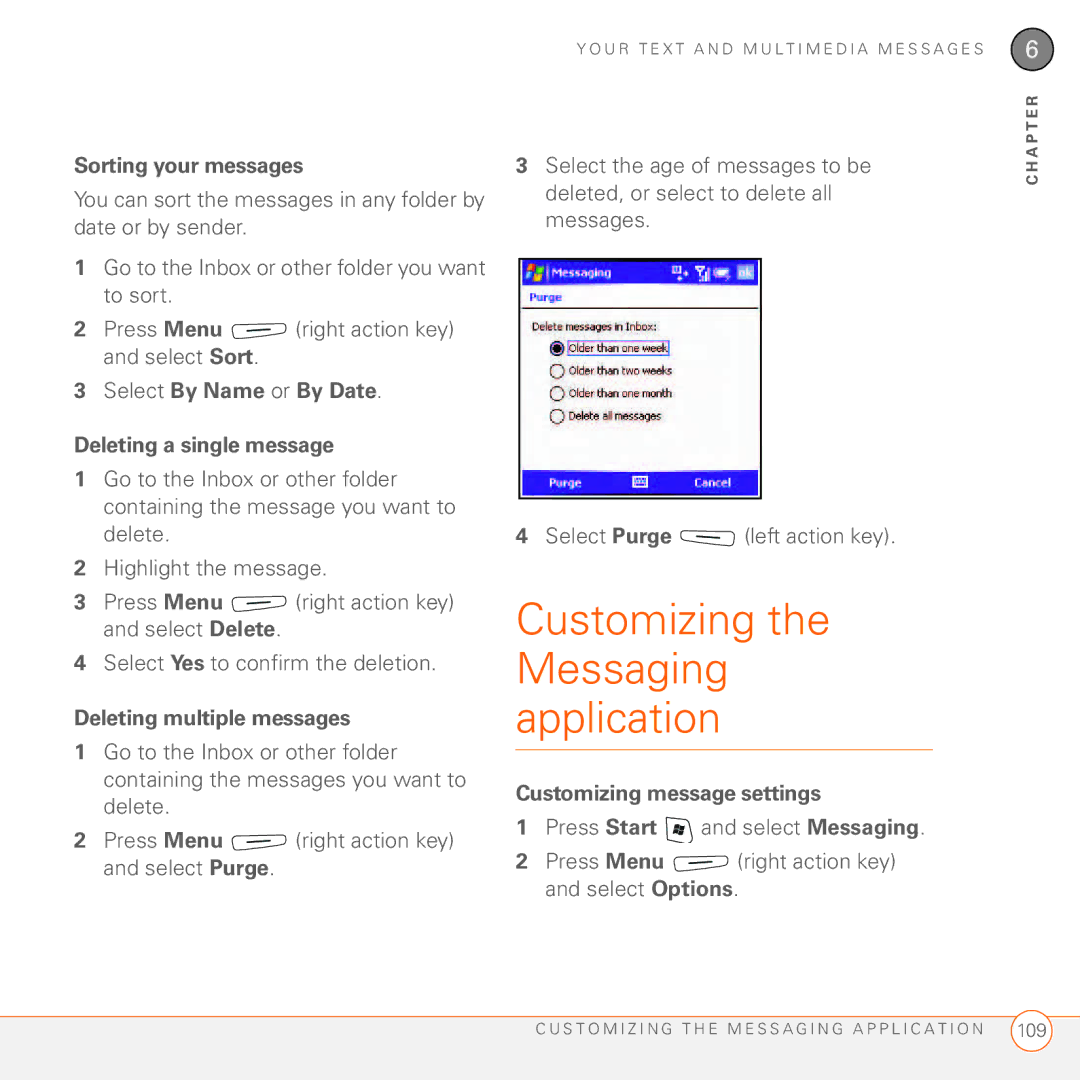 Palm 750 Customizing the Messaging application, Sorting your messages, Select By Name or By Date Deleting a single message 