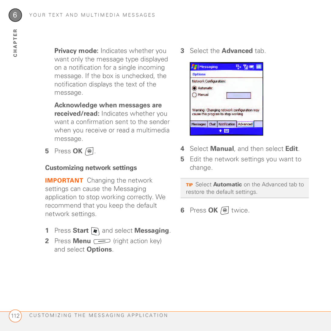 Palm 750 manual Acknowledge when messages are, Customizing network settings, Press OK twice 