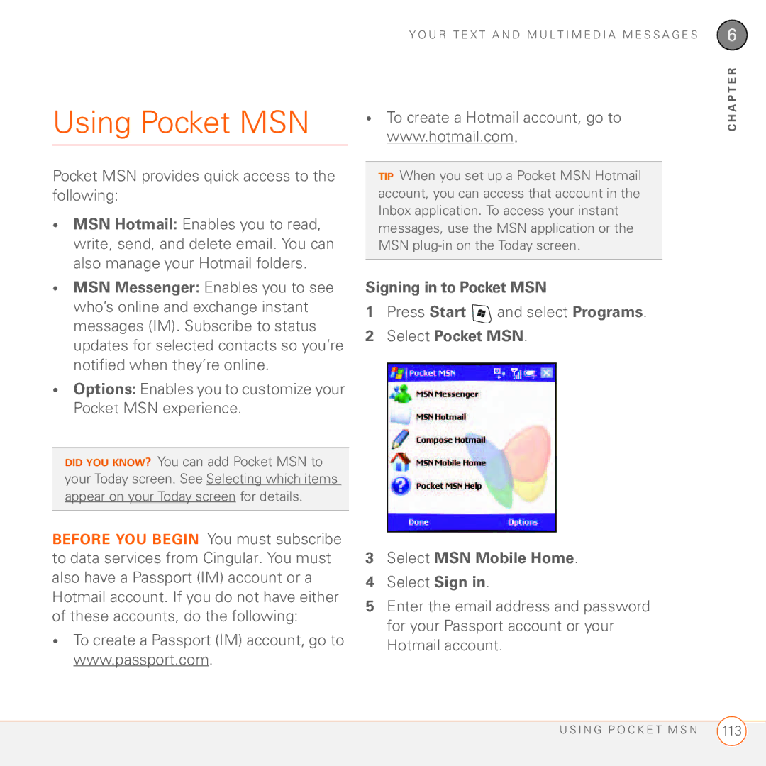 Palm 750 manual Using Pocket MSN, Signing in to Pocket MSN, Select Pocket MSN, Select MSN Mobile Home 